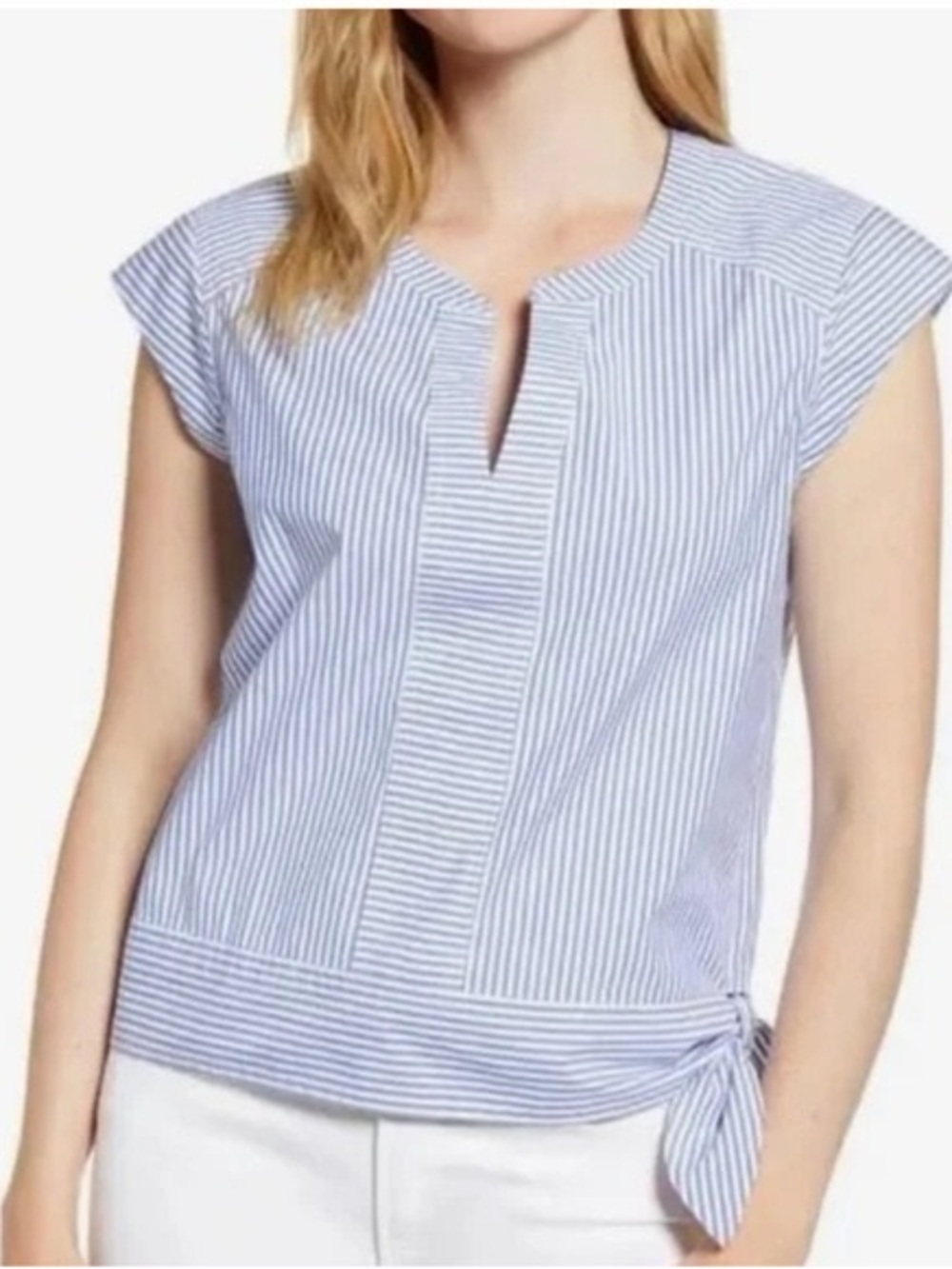 NWT Vineyard Vines Greer Blue White Striped Cap-Sleeve Tie-Hem Top side NEW